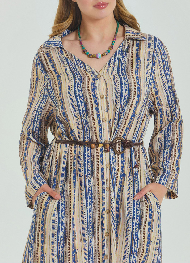 Patterned Shirt Collar Belt Detailed Beige Long Sleeve Plus Size Dress 4611
